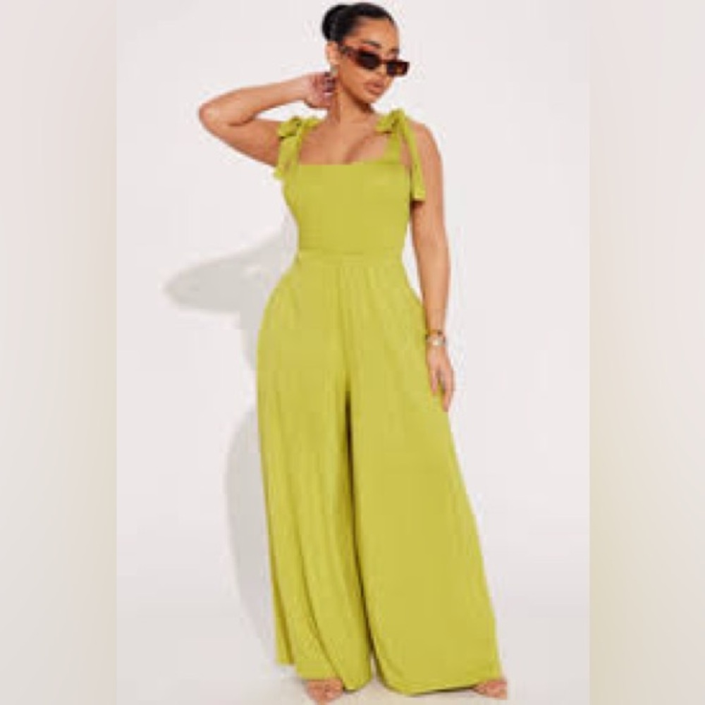 Tie-Shoulder Wide-Leg Jumpsuit - Lime Green